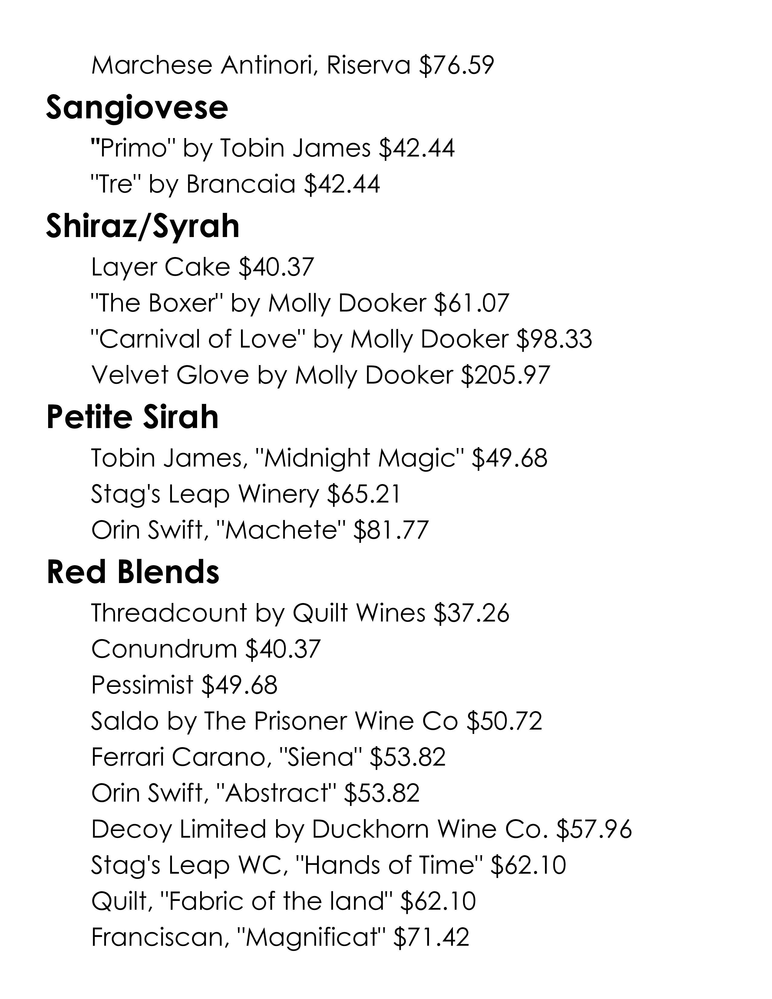 Wine Menu