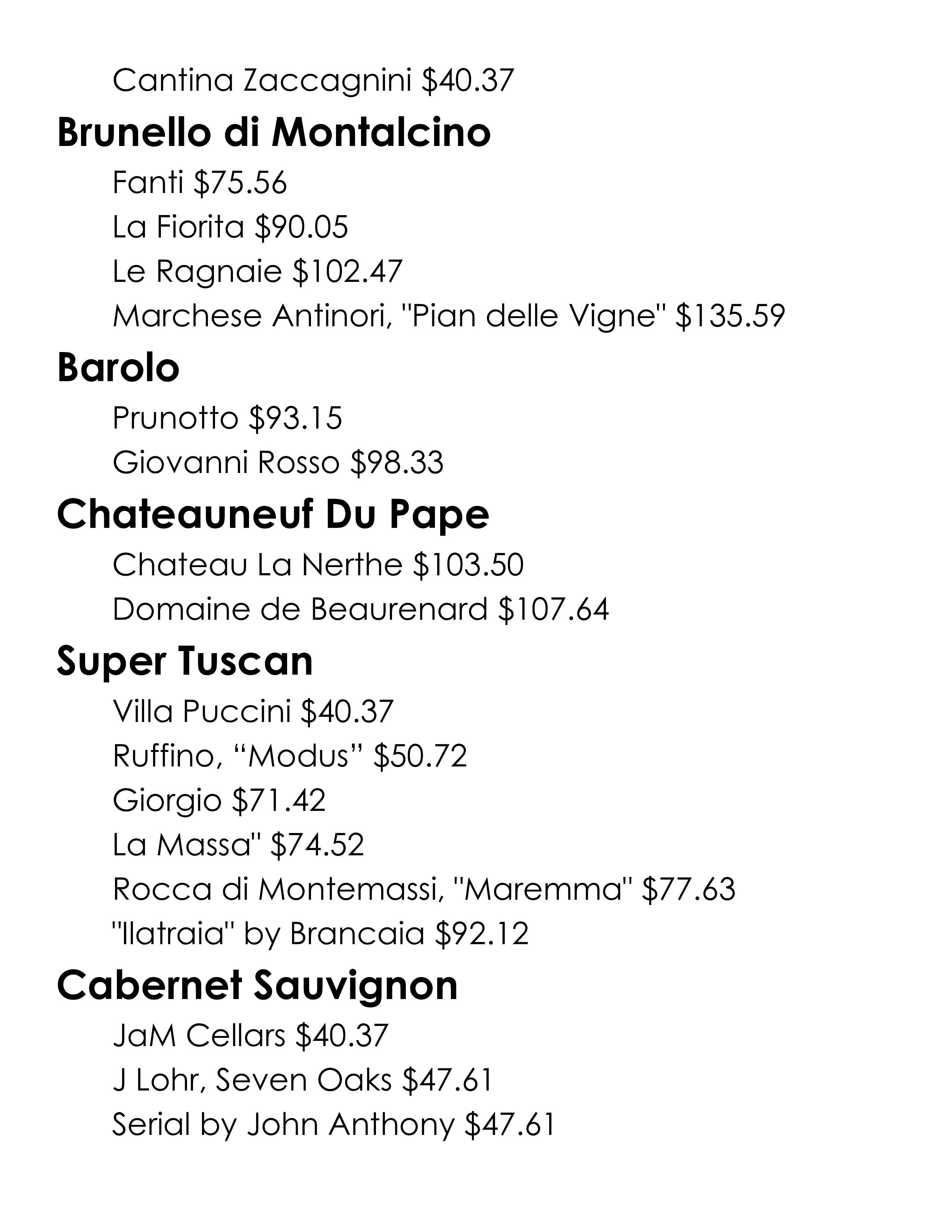 Wine Menu