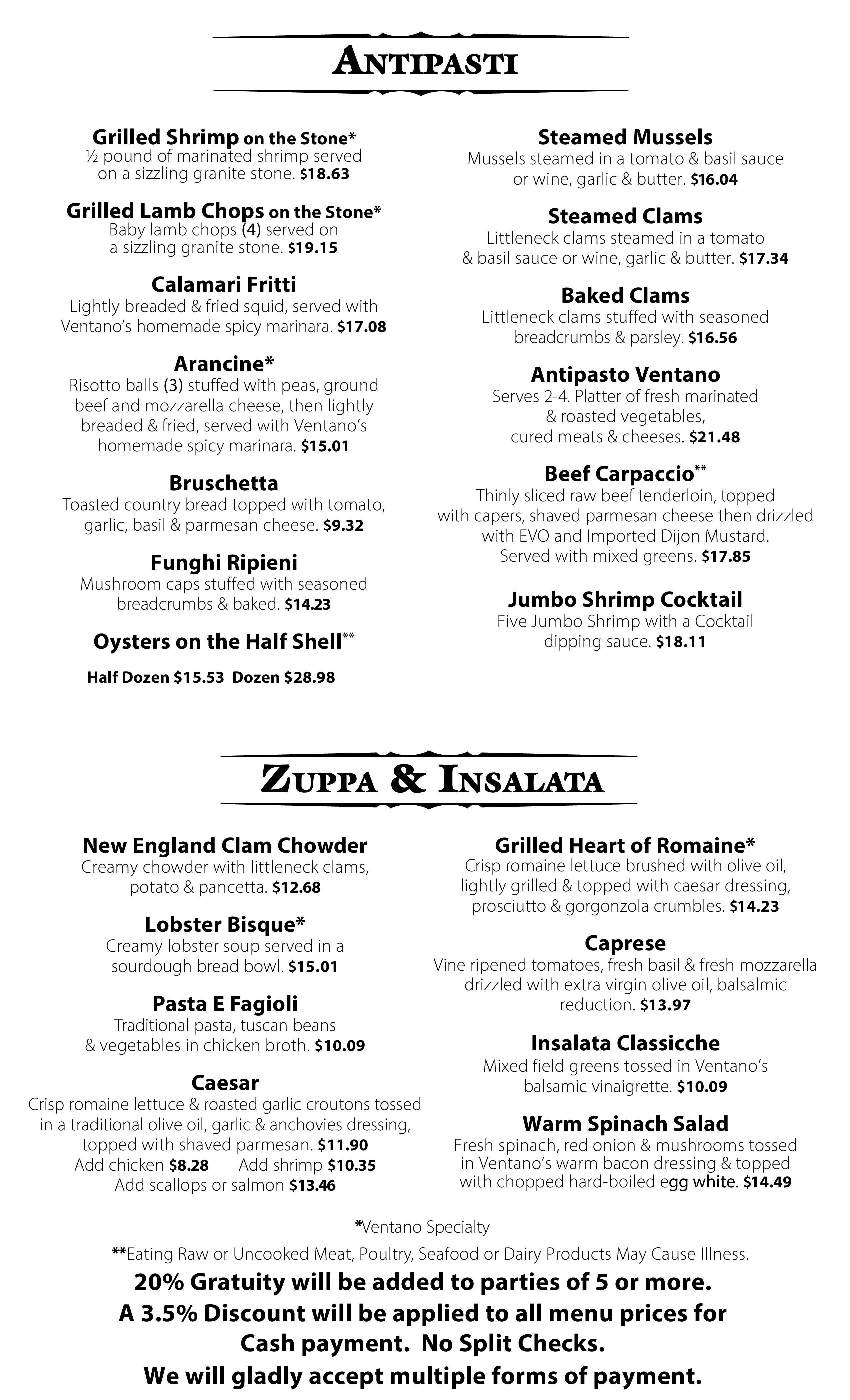 Ventano Dinner Menu Page 1